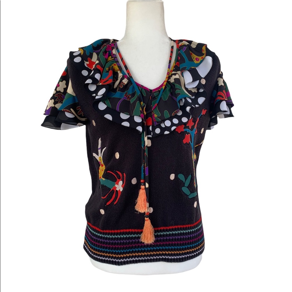 Vintage 80s Sweater with Silk Ruffle Sleeves and Monkey Design